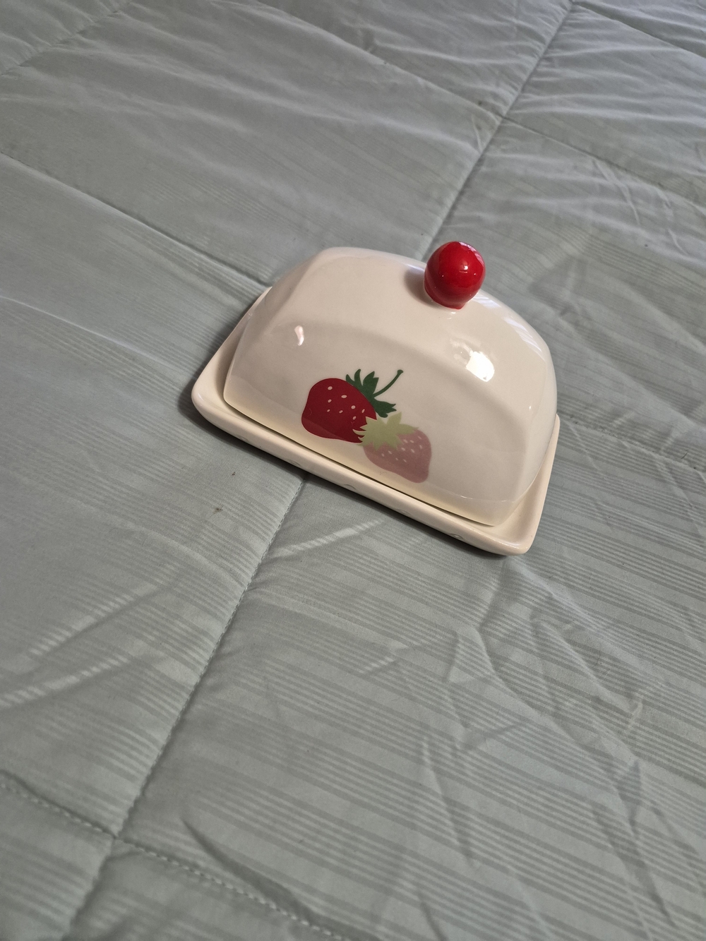 Ceramic Strawberry Butter Dish with Red Knob